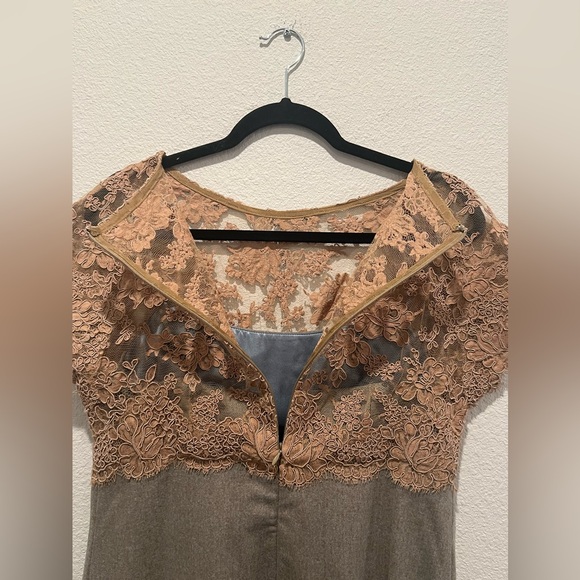 Shannon McLean Tan Gray Flannel Cocktail Dress Lace Bodice Cap Sleeve Size M - Picture 6 of 10